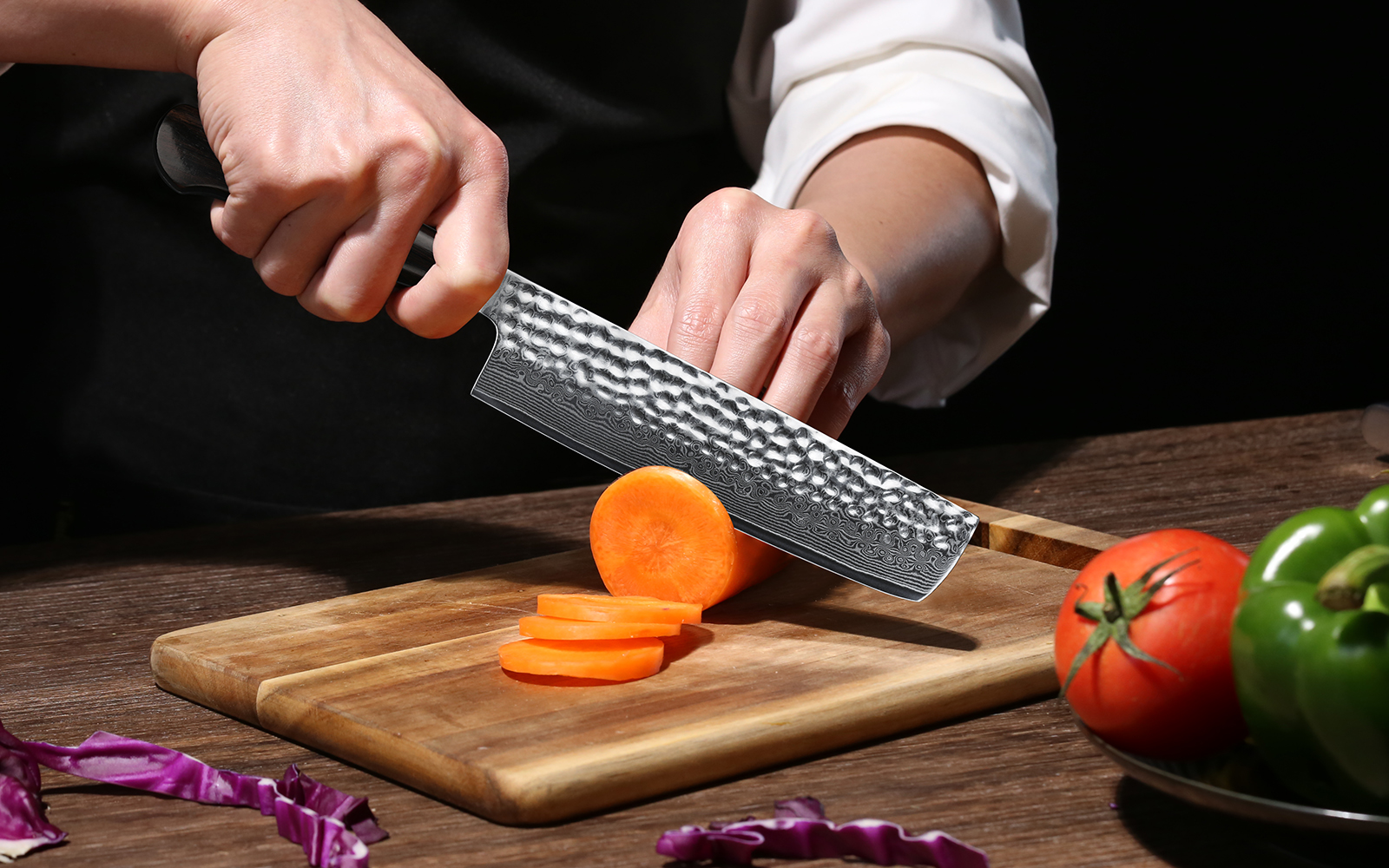 Nakiri knife is made of high quality VG10 Damascus Steel, perfect weight and balance bolster, seamless connection handle. 60±2HRC, Whether slicing through meat or vegetables, it feels like cutting through butter