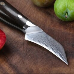Slice shallots or hull strawberries with this birds beak paring knife from Victorinox. Made from stainless steel, it is durable and long lasting. The black ergonomic polypropylene handle provides a secure grip, and is hygienic and slip resistant. This knife was especially designed to tournee vegetables such as potatoes, squash, and carrots into an oblong football shape for cooking, and is also deal for paring, peeling, cutting, and slicing fruits and veggies. Featuring a finger guard for your safety, this bird's beak paring knife is also dishwasher safe for easy cleaning.