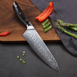 Scalpel like sharpness at a staggering 8-12°degree angle per side, sail through culinary challenges. ✓Incredible Edge Retention at 58-60 Rockwell. ✓VG-10 Japanese super steel core. The ultimate steel for the ultimate performance. ✓67-Layered Damascus sharpened under the ancient 3-step Honbazuke method and married to bleeding edge technology. ✓Tapered bolster provides a perfect balance, finger protection and gently encourages a natural and comfortable pinch grip.