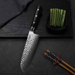 Santoku Knife - 7 Inch Knife Forged of High Carbon German Steel - Ergonomic Pakkawood Handle - Full Tang Razor Sharp Blade for Dicing, Mincing and Chopping