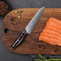 Blades are then hand-hammered and polished for a tsuchime finish that adds rustic aesthetics while improving food-release properties by reducing drag and friction. The blade is double-beveled in a tight 12 degrees for an exquisitely fine cutting edge that’s suitable for both right or left-handed use.