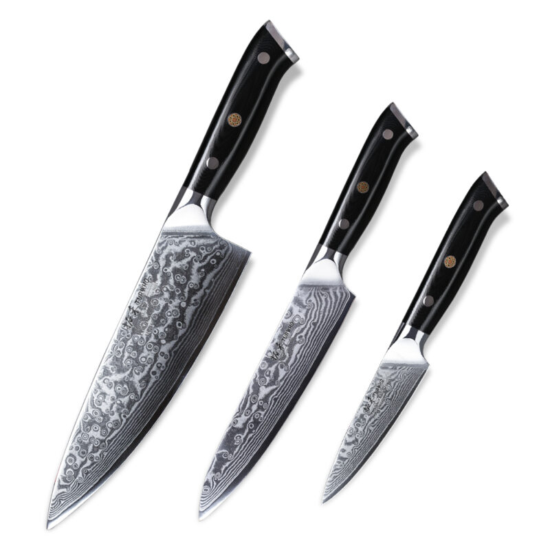 Japanese Damascus Kitchen Knife Set With Custom Handle Design