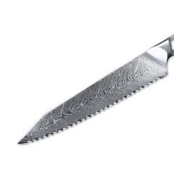 The blade is crafted by folding 66 layers of Japanese Damascus steel over a Japanese AUS-10 steel cutting core with a 60+ Rockwell hardness. Feel the satisfaction as your knife slices cleanly through your fresh, tasty ingredients.