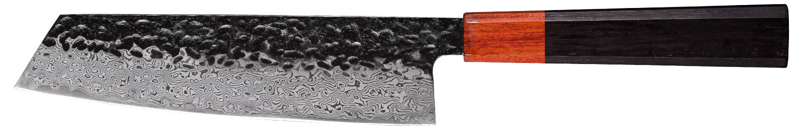 Kiritsuke knife: This knife does amazing with preparing seafood and soft veg and that is why this knife is known as a master’s knife. It is a generously sized knife with razor-sharpness and it can be used in several cutting tasks around the kitchen. This nerd knife has a great pattern on the blade, a non-custom knife with a narrow spine and perfectly balanced and rounded for comfort.