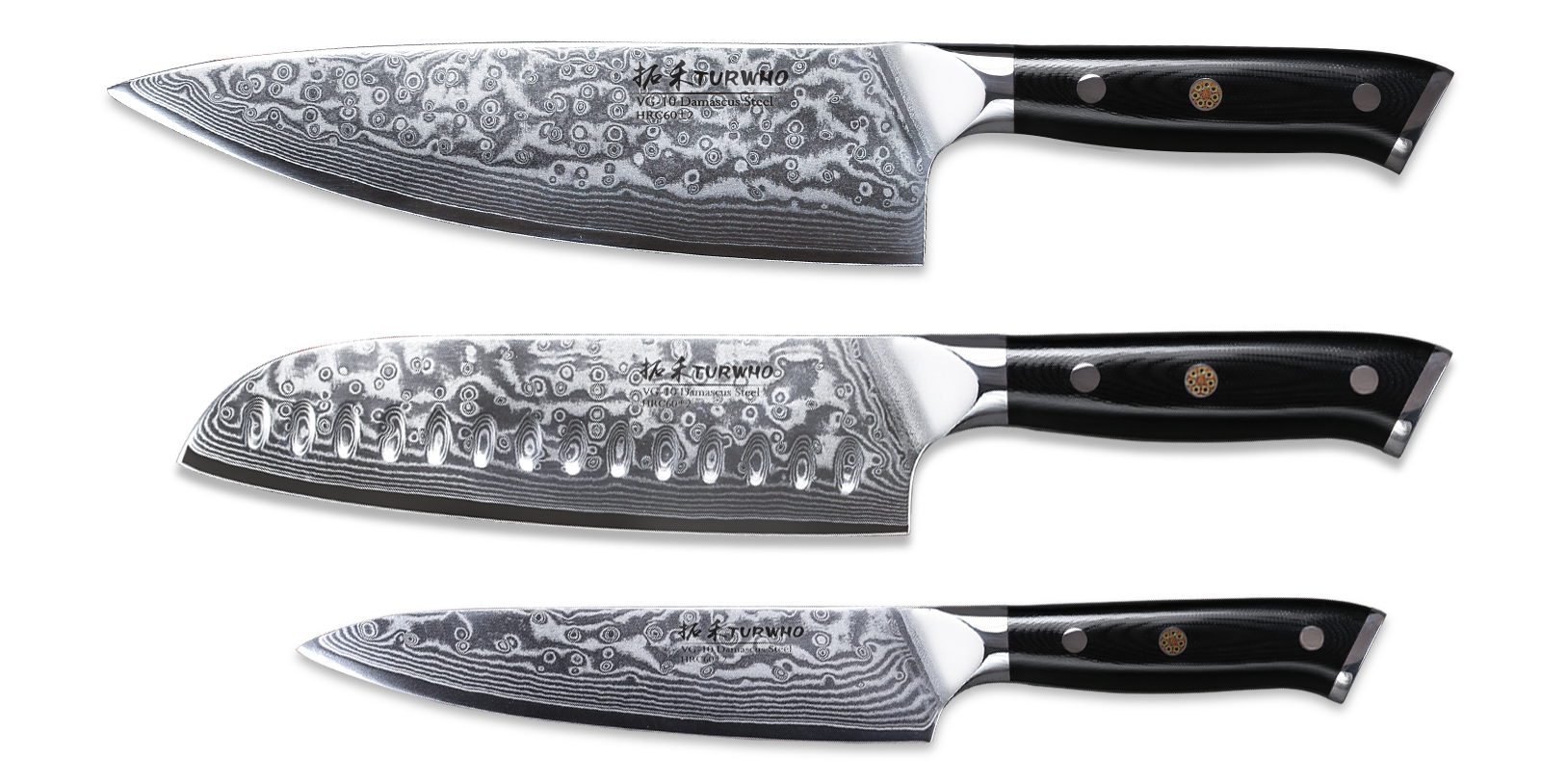 TURWHO 3PCS Professional Damascus Steel Kitchen Knives Sets