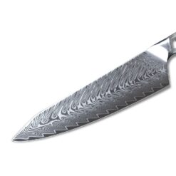 Damascus steel of these knives has high quality contents to give an excellent edge and sharp cutting abilities. Hardness of the blade of this knife is HRC 58-60 in the lab & been hand sharpened to a Sharp Edge.