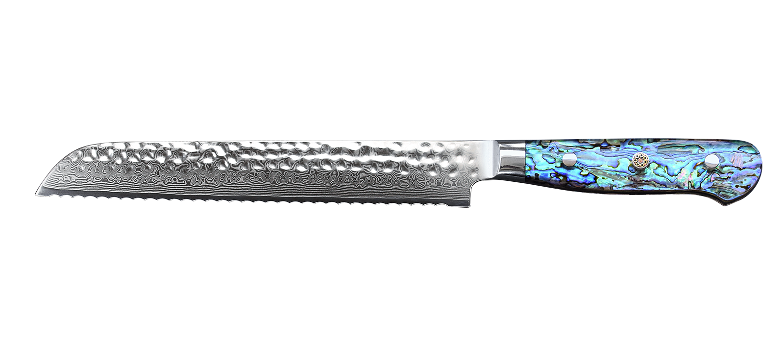 Damascus Steel Bread Knife Its full-tang, triple-rivited handle is made to fit the curvature of your hand's grip, all of which translates to more control over the slicing task you're performing.