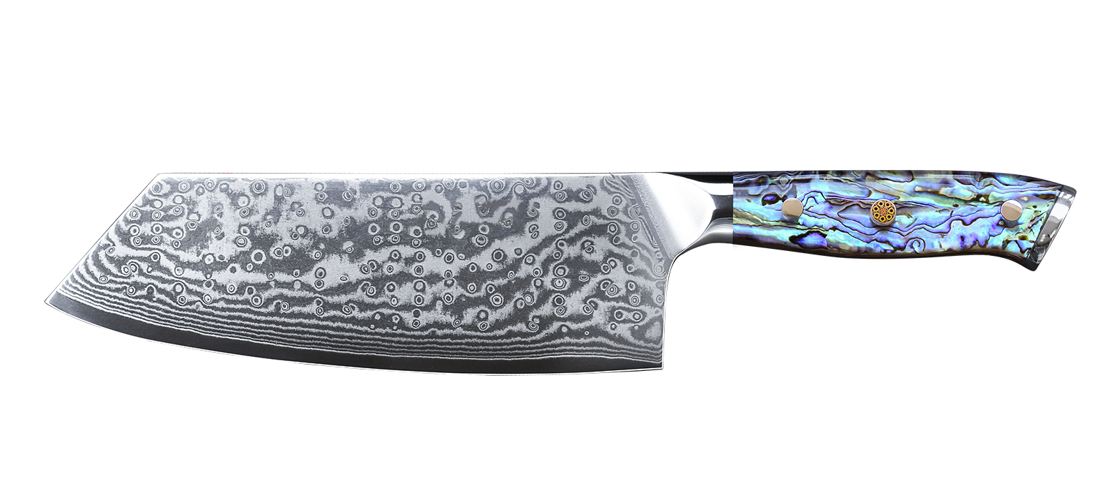 Chinese Cleaver Knife Damascus The blade of this vegetable knife is 7 inches long and it is made from stainless steel that is high-tech molybdenum and vanadium. The cutting edge has been ice-tempered to keep its sharpness and the tapered handle was modeled to offer comfort while the dimples improve the safety.