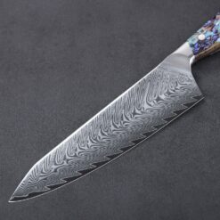 Damascus Kitchen Chef Knife The Damascus blades for these knives were created by forge welding multiple layers of steels into a Solid block called a billet (4340 &1095 High Carbon Tool Steels). The billet is folded and re-welded several times to produce several layers. Patterns are created by manipulating the steel during the forge welding process. When acid is added to the blade, it attacks the layers of hard and soft steels differently, highlighting the attractive layered pattern in the Steel. The combination of layered hard and soft steel creates blade flexibility, toughness and produces invisible serrations on the blade that aid cutting.