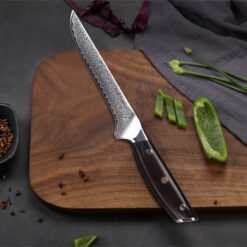Professional Damascus Boning Knife boning knife is extremely sharp, durable and perfectly balanced. With a luxurious feel, beautiful blade pattern, superior design and unparalleled cutting edge,