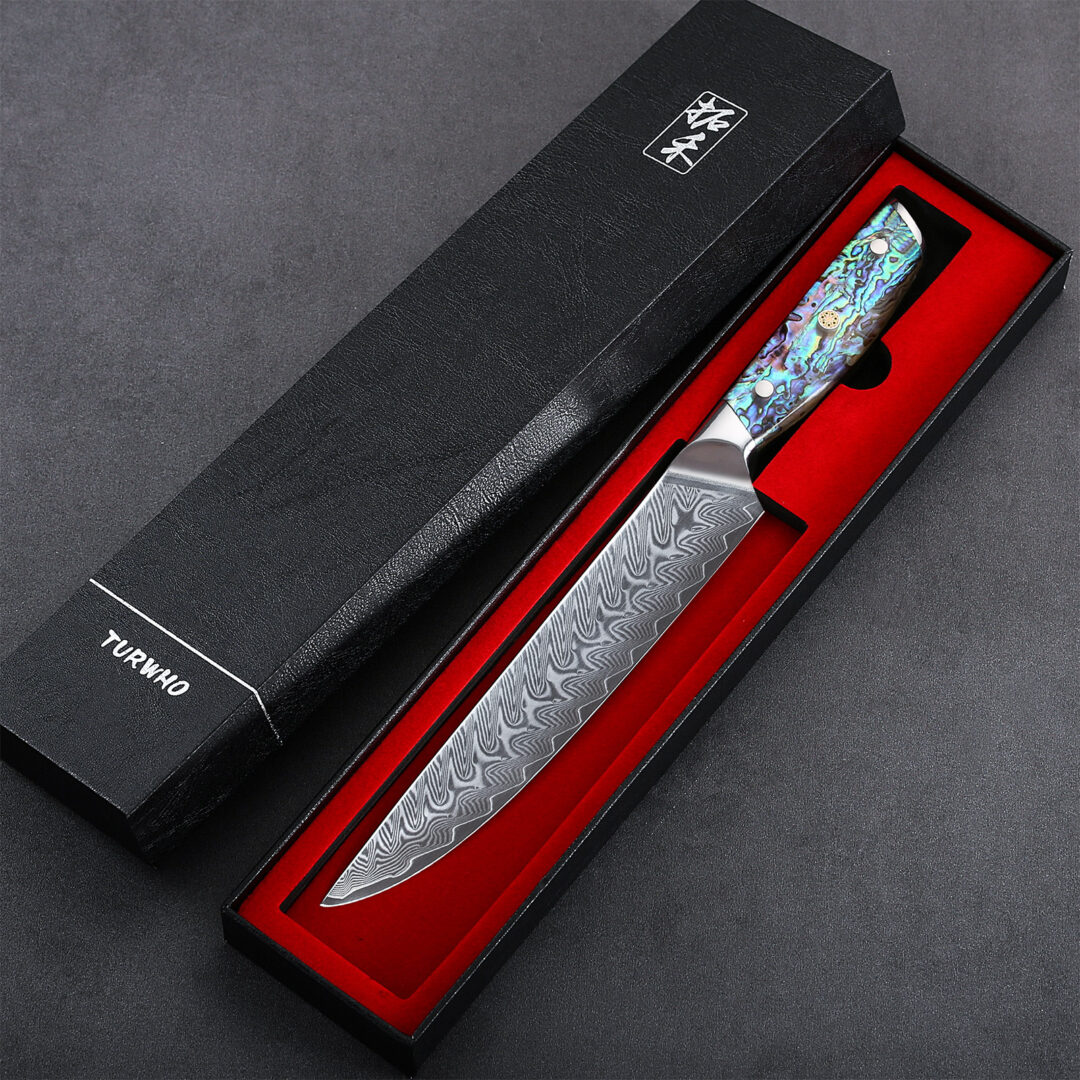 A carving knife has a long, narrow blade that tapers to a sharp point. It's used mainly for carving poultry or bone-in roasts, like a leg of lamb or a ham.