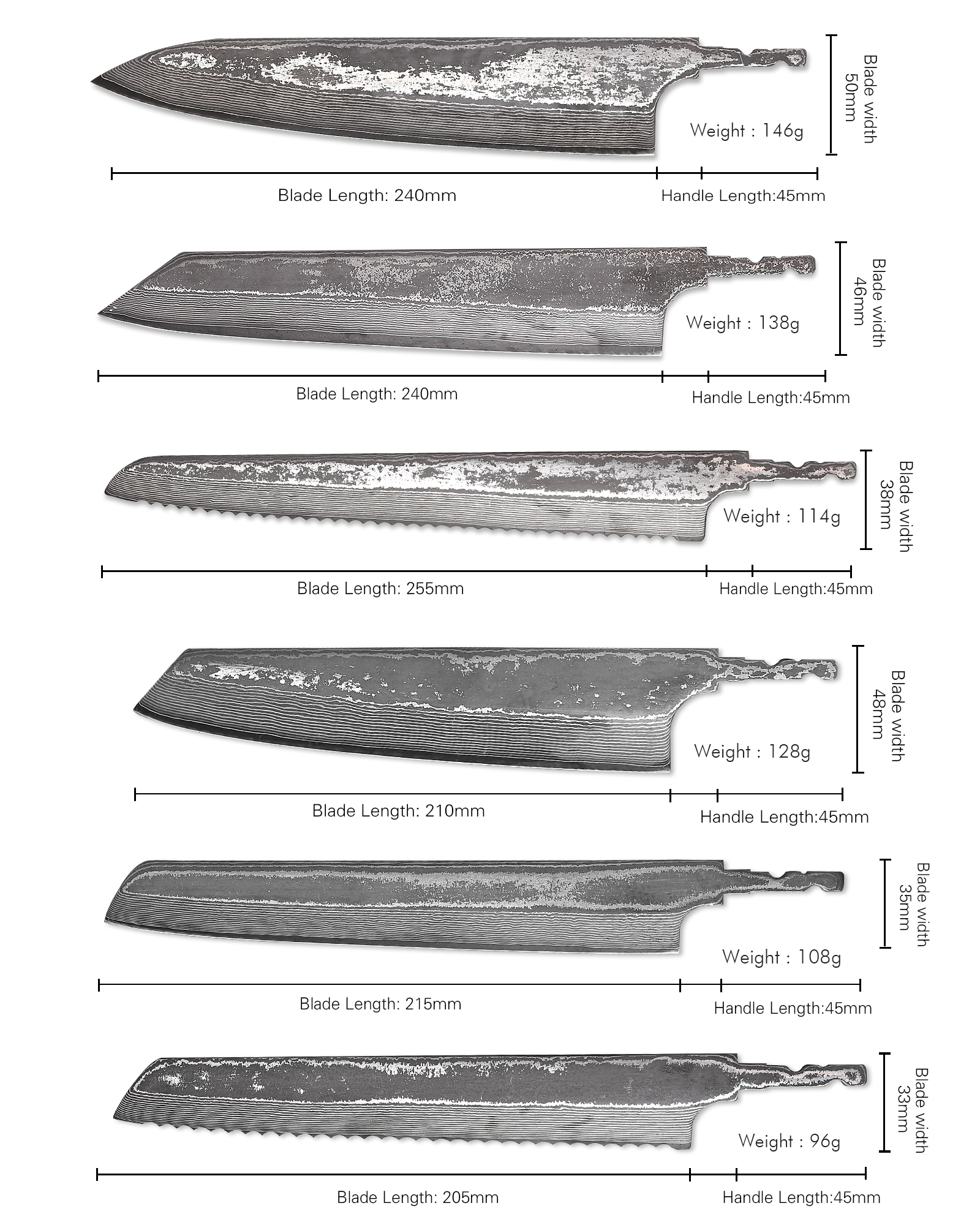Japanese Chef Knife Blade Blanks for Wood Project