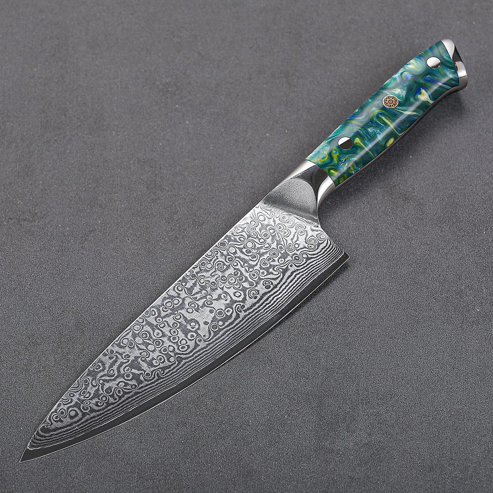 Custom Damascus Chef Knives 3pc Set VG10 Resin Cast Burl Handle