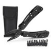 All-in-one black multi-tool set for outdoor, repair, and everyday carry, with pliers, screwdriver bits, and pouch