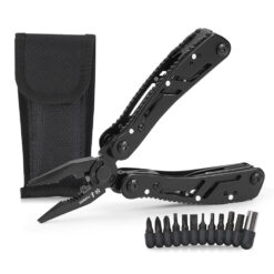 All-in-one black multi-tool set for outdoor, repair, and everyday carry, with pliers, screwdriver bits, and pouch