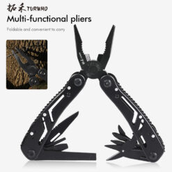 Black multi-tool set with foldable pliers, screwdriver bits, and carrying pouch