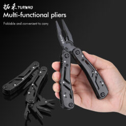 Compact multi-tool plier partially unfolded with wire cutters, screwdriver bit set, and black pouch