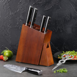 Japanese Damascus Kitchen Knife Set with Wooden Block