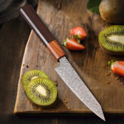 The Japanese San Mai Petty Knife VG10 Copper Damascus Steel is a masterpiece of craftsmanship and precision. This beautiful and functional knife incorporates the best of traditional Japanese knife-making techniques with modern materials and technology to create a truly unique blade that is both durable and sharp. The blade features a core made from VG10 steel, which is known for its exceptional hardness, toughness, and corrosion resistance. The outer layers are forged from copper Damascus steel, which adds both beauty and strength to the blade. The process of creating copper Damascus steel involves layering multiple sheets of metal together before forging them into shape. This creates a distinctive pattern on the surface of the blade that is both eye-catching and functional – it helps prevent food from sticking to the blade while also reducing friction during cutting.