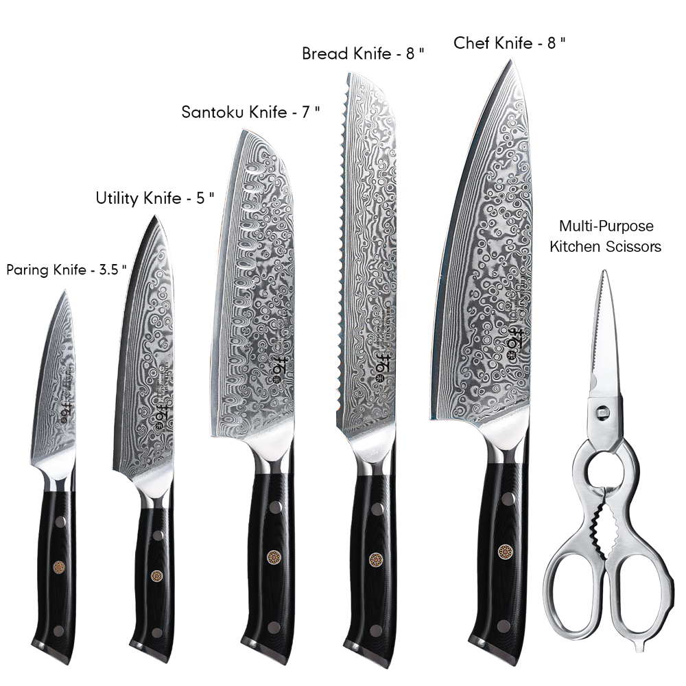This professional Damascus knife set comes with a wooden block and kitchen scissors.