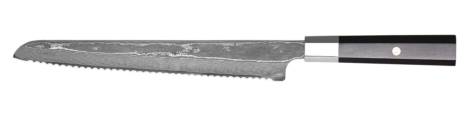 10‑inch Damascus bread knife with serrated blade and black wood handle
