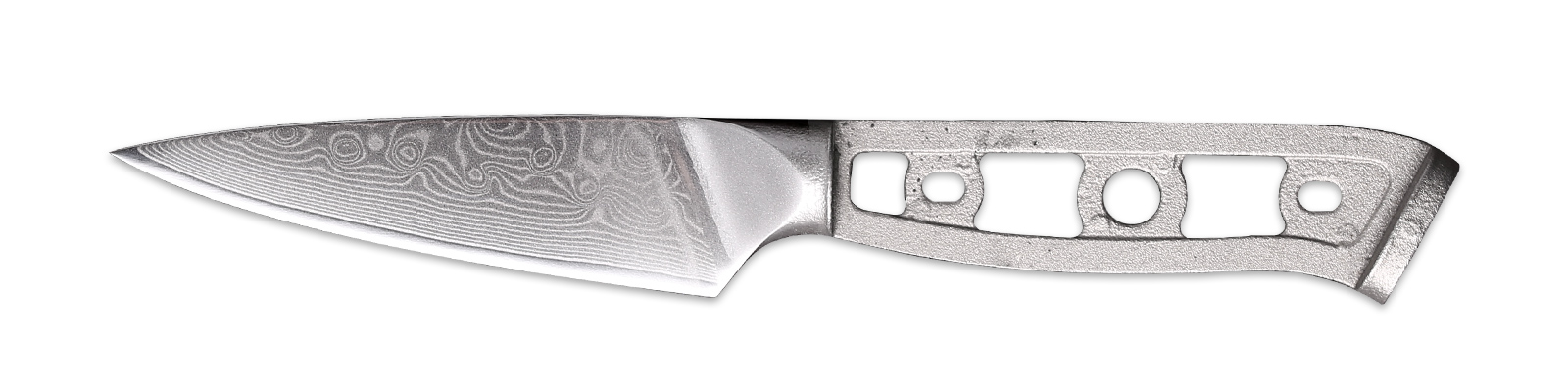 Custom kitchen knife blank with minimalist skeleton handle and Damascus blade