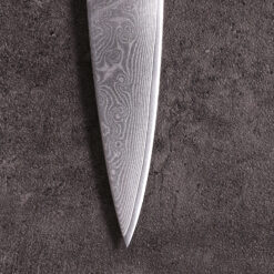 Custom paring knife blade blank showing intricate Damascus steel detailing