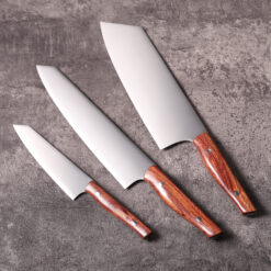 Premium X50CrMoV15 stainless steel chef knife, vegetable knife, and prep knife with full tang rosewood handles