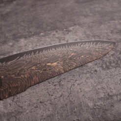 Close-up of feather Damascus pattern on Copper Mai chef knife blank