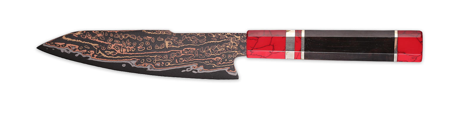 copper damascus prep knife 125mm with turquoise stone inlay handle