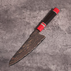 japanese damascus chef knife with copper highlights and turquoise handle