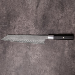 Handcrafted 240mm kiritsuke chef knife featuring black wooden handle