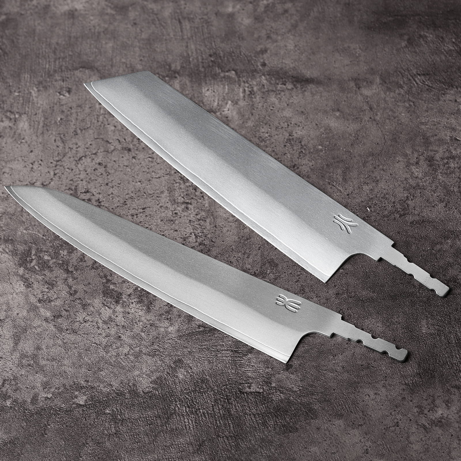 Long Japanese chef knife blank blade with dragonfly maker's mark