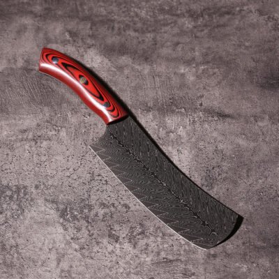 7 inch Damascus vegetable cleaver with red and black G10 full tang handle