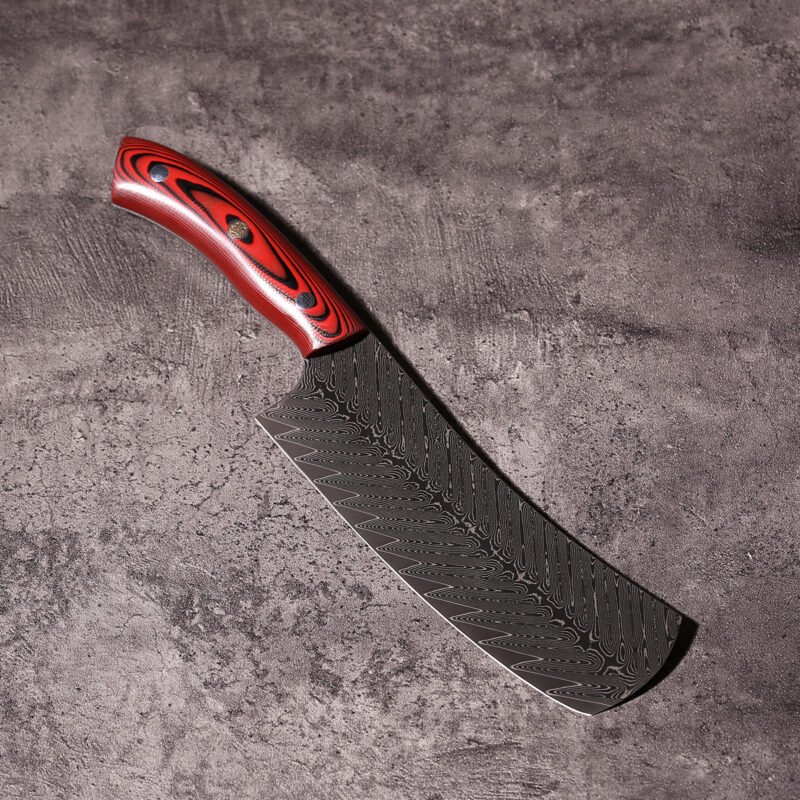 7 inch Damascus vegetable cleaver with red and black G10 full tang handle
