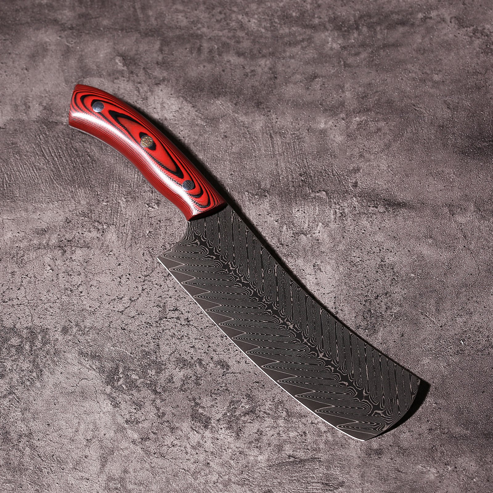 7 inch Damascus vegetable cleaver with red and black G10 full tang handle