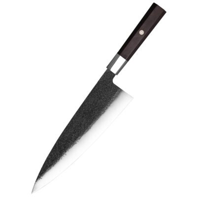 240mm AUS-10 kurouchi chef knife with 65mm tall blade and octagonal dark wood handle