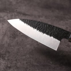 Textured kurouchi finish meeting polished bevel on AUS-10 ajikiri blade
