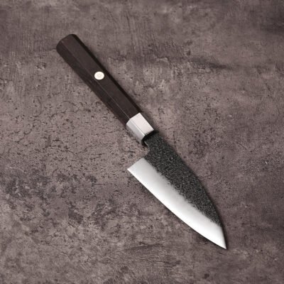 AUS-10 ajikiri knife horizontal banner view with kurouchi finish and ebony handle