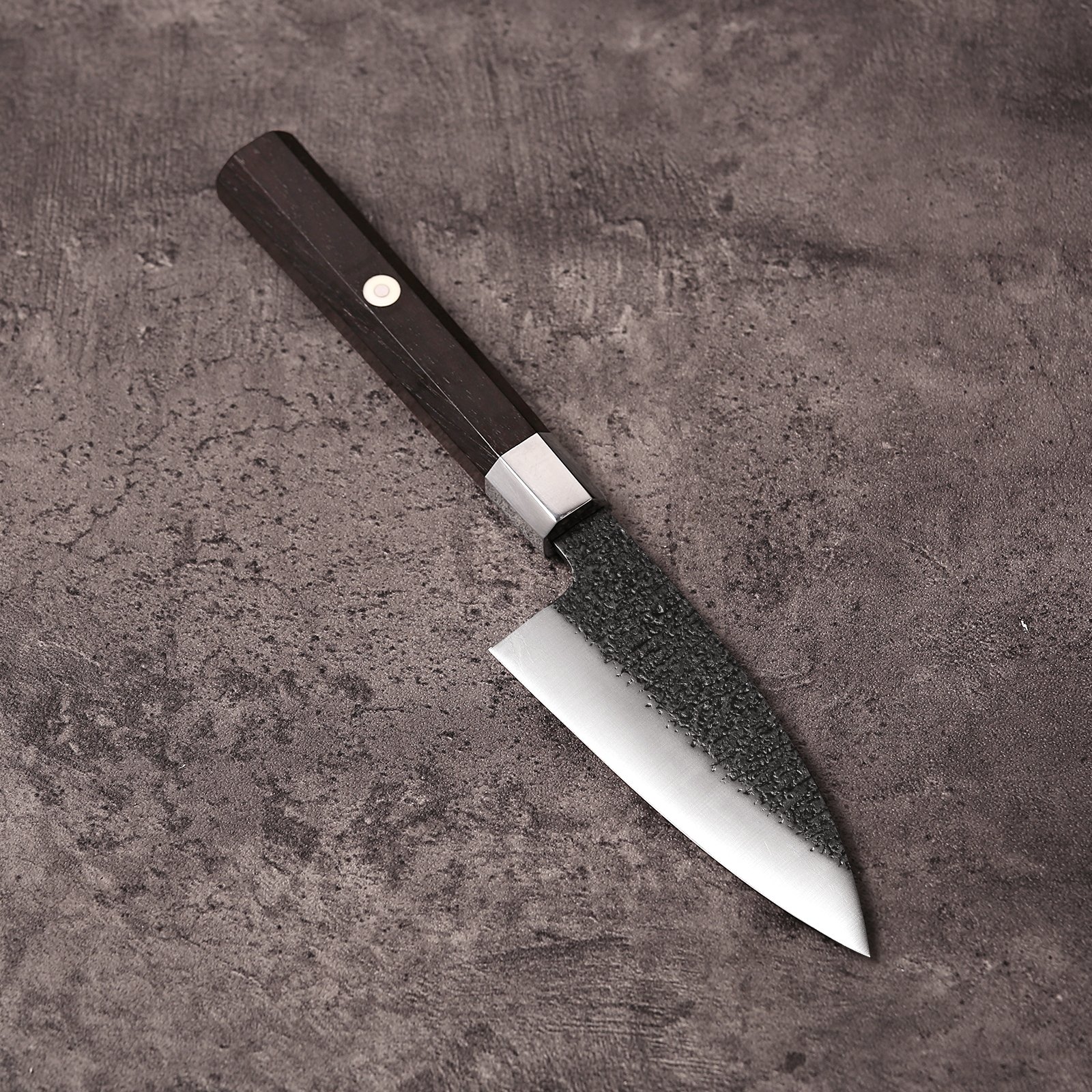 AUS-10 ajikiri knife horizontal banner view with kurouchi finish and ebony handle