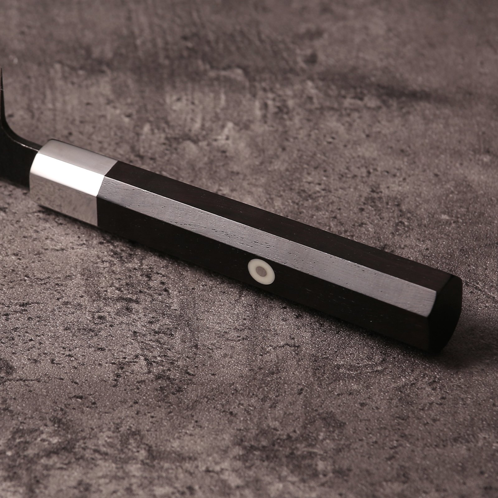 Close-up of ebony octagonal wa handle with white mosaic pin and 304 stainless steel ferrule