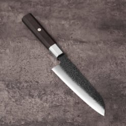 AUS-10 santoku knife on grey stone showing the 165mm blade and octagonal ebony handle
