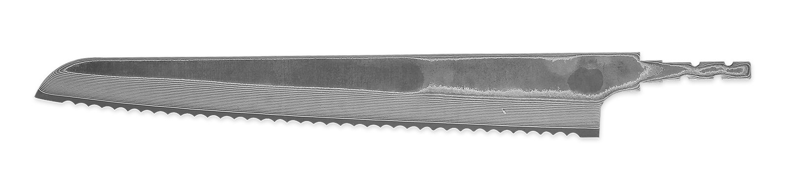 Damascus bread knife blank with layered steel pattern