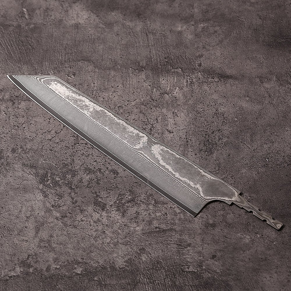 Kiritsuke blade blank with 67-layer Damascus cladding